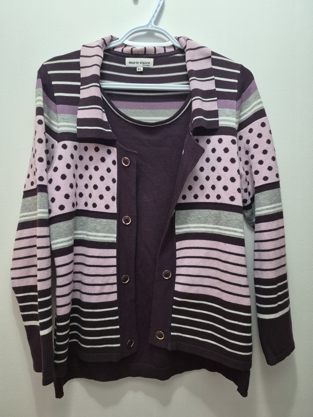 Marie Claire Purple & Pink Striped Dot Cardigan Set